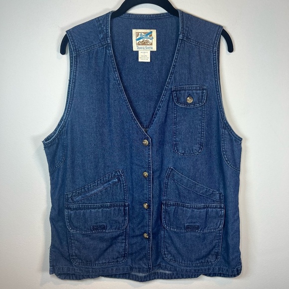 TravelSmith Women's Utility Vest Blue Denim Buttons Pockets Fishing Hiking Large - Picture 1 of 16